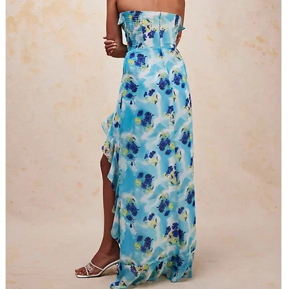 Amanda Uprichard NY x Free People Corinna XL 14/16 Blue Floral Ruffle  Strapless - threedaughtersproperties.com